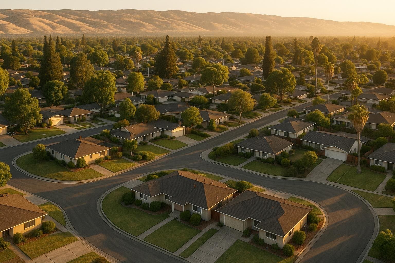 Illustration: aerial view of a Bay Area suburb of single-story ranch homes at golden hour, hills behind.