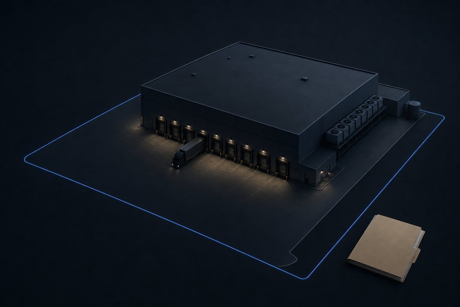 A flat-roofed warehouse from above at dusk, its parcel boundary traced on the ground, a dossier folder at the edge of the lot
