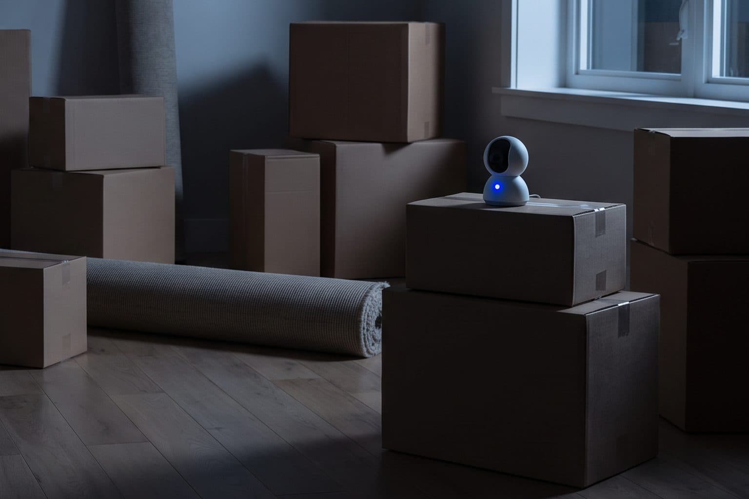 Moving boxes and a rolled rug in an empty living room at night, a small white camera with a blue light sitting on one box
