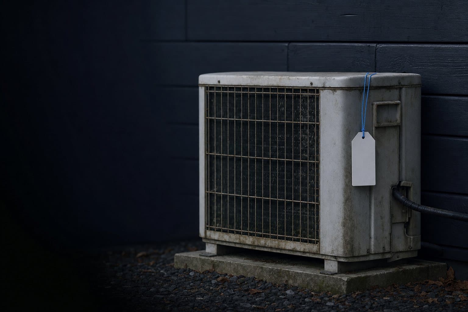 An aged outdoor condenser unit beside a house wall with a fresh tag on it