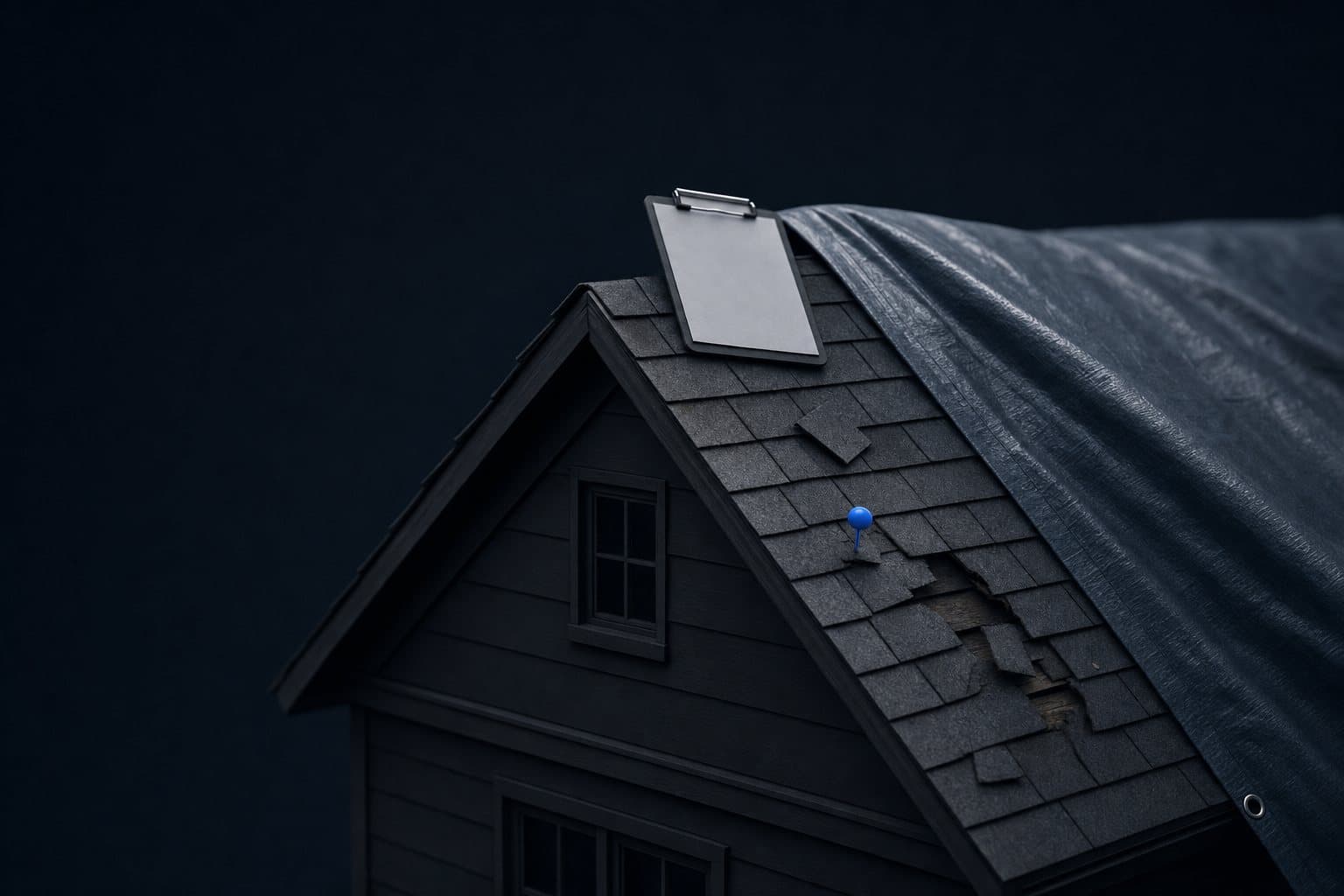 A storm-damaged roof under a tarp with a clipboard on the ridge
