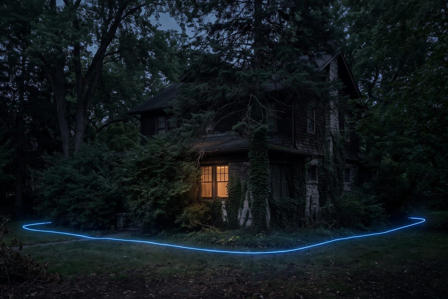 An older house among tall trees and overgrown shrubs at dusk, ivy on the walls and a blue line traced on the lawn around it