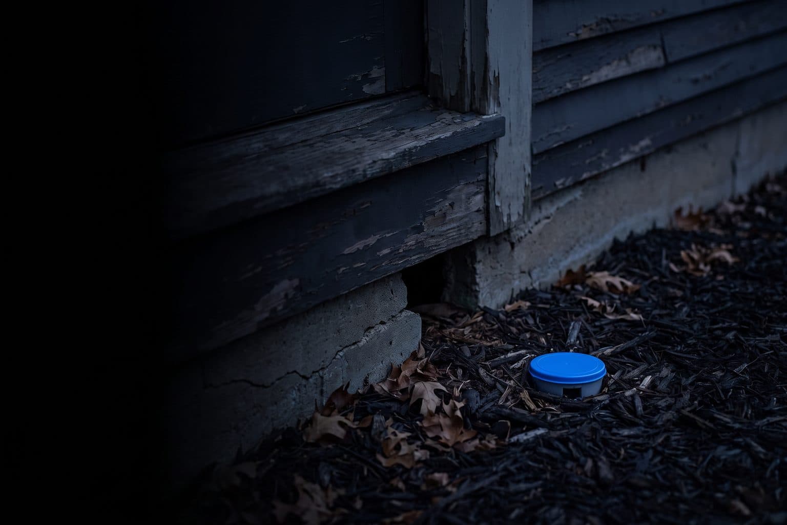 The foundation of an older house at dusk, peeling siding over a gap at the sill and a small blue bait station in the mulch