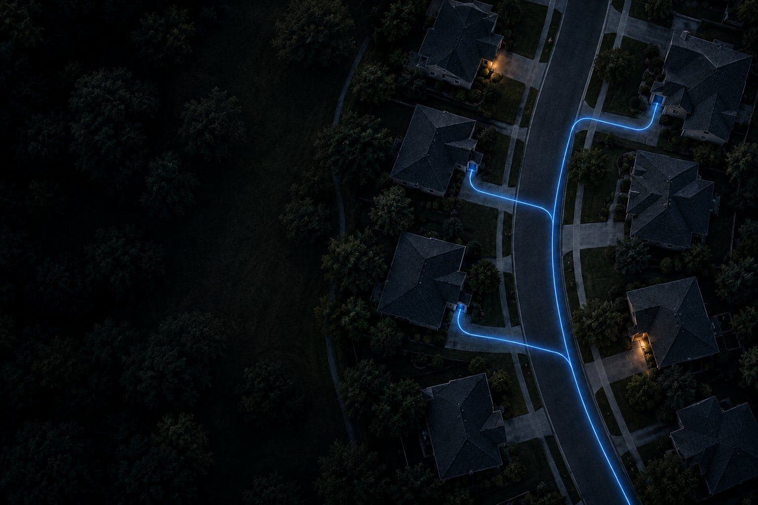 A curving suburban street at dusk from straight above, a thin blue line running up the driveways of three homes