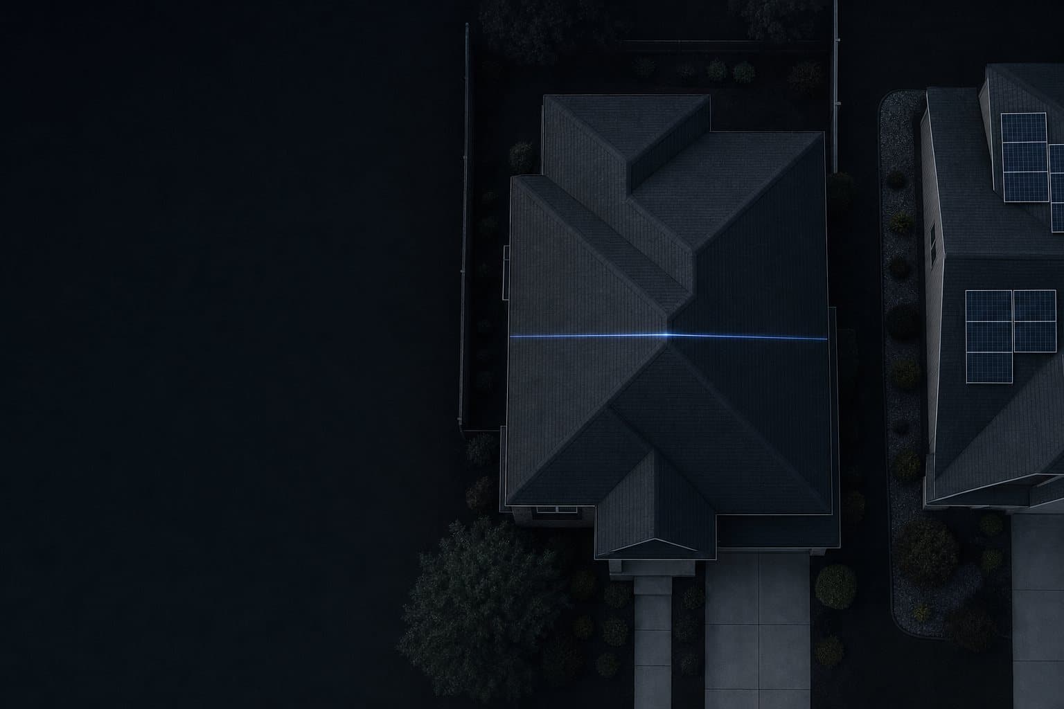 A suburban roof seen from above with no solar panels, the neighbouring roof carrying an array