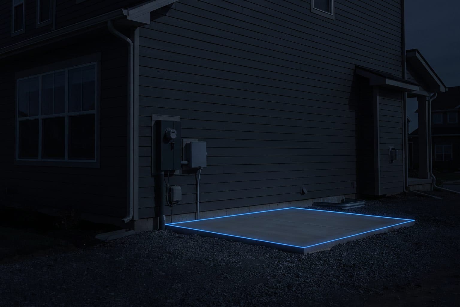 The side of a large house dark in a power cut, the electric meter on the wall and an empty concrete pad outlined in blue beside it