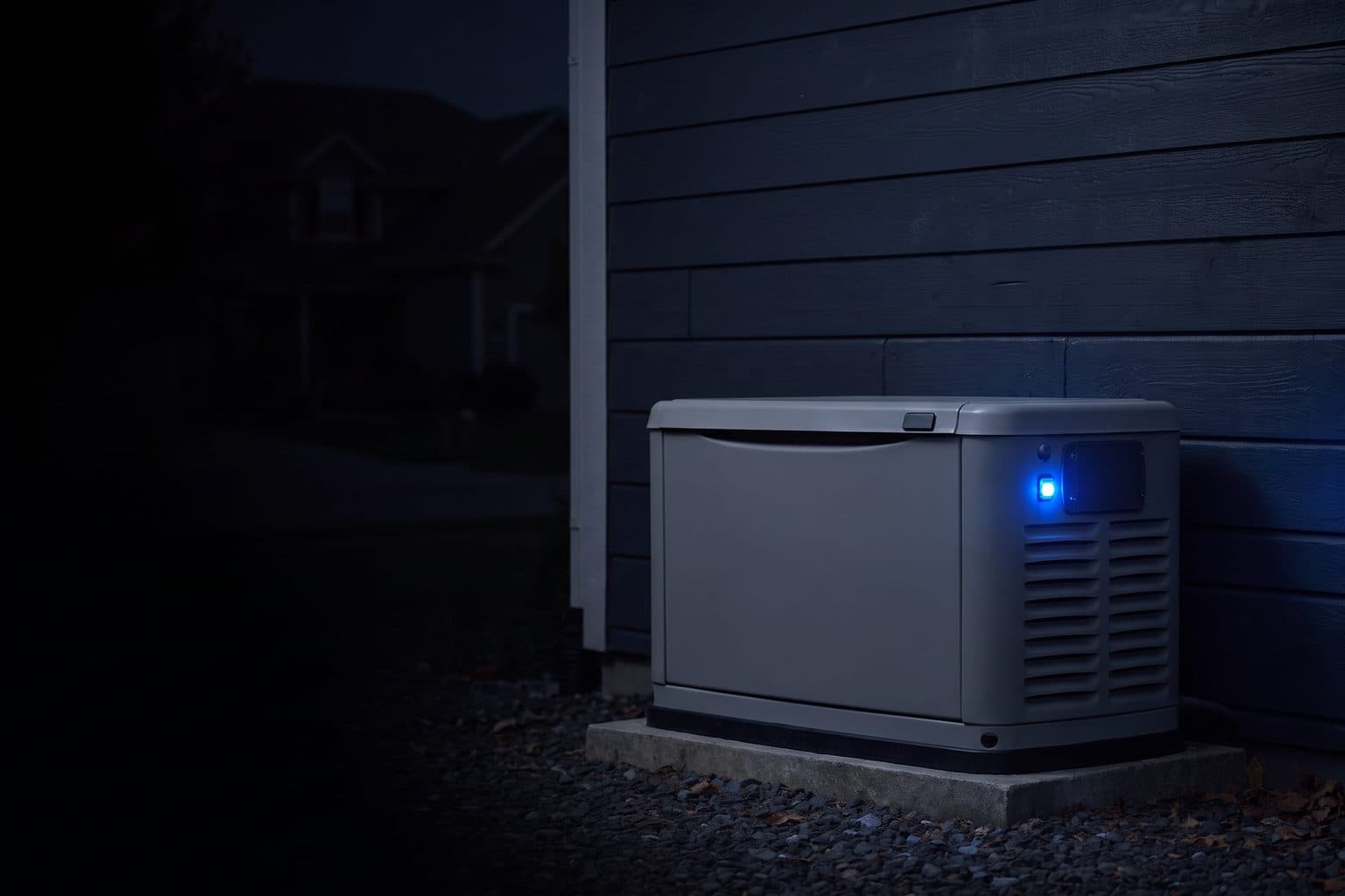 A grey standby generator on a concrete pad beside a house at night, the street behind it dark, one blue light on the unit