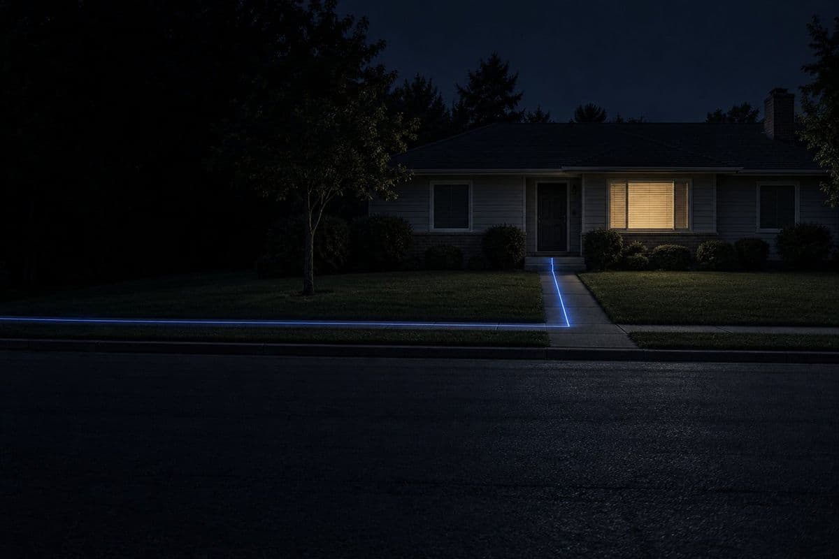 A plain ranch house at dusk with one lit window, a thin blue line running from its front door down the walk and away along the street