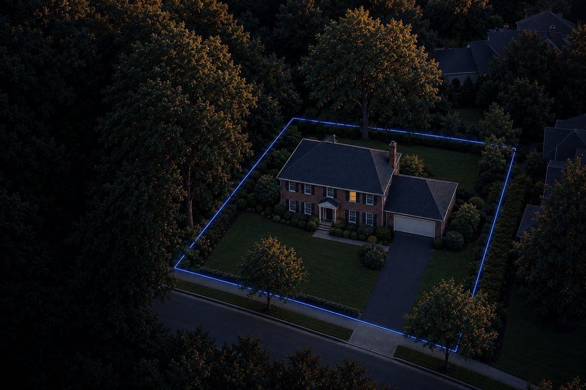 An older family house among tall trees at dusk, seen from above, its whole lot traced in a thin blue line