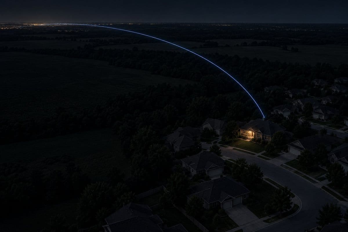 A suburb at night from high above, a thin blue arc leaving one house and crossing the dark land to a distant town