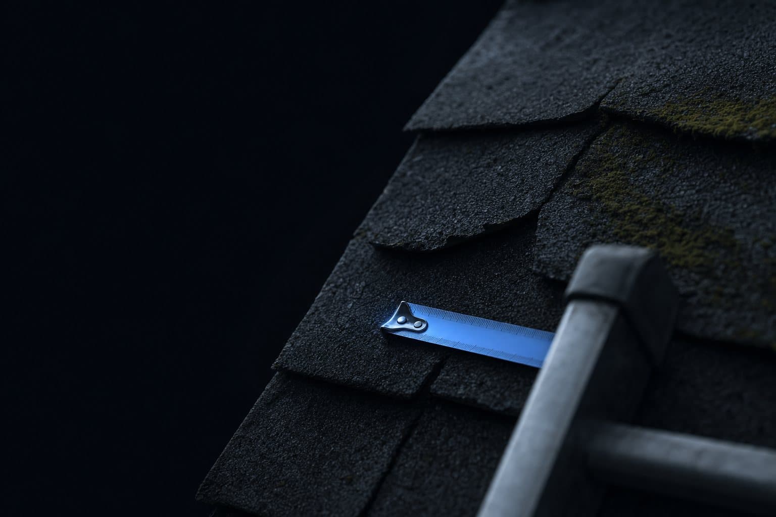 Curled shingles and moss on a fifteen-year-old roof, a tape measure resting on it