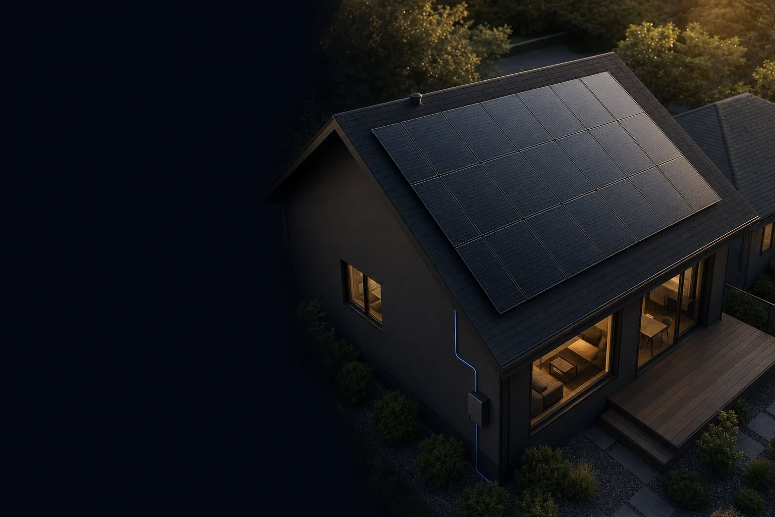 A complete rooftop solar array at golden hour, seen from above