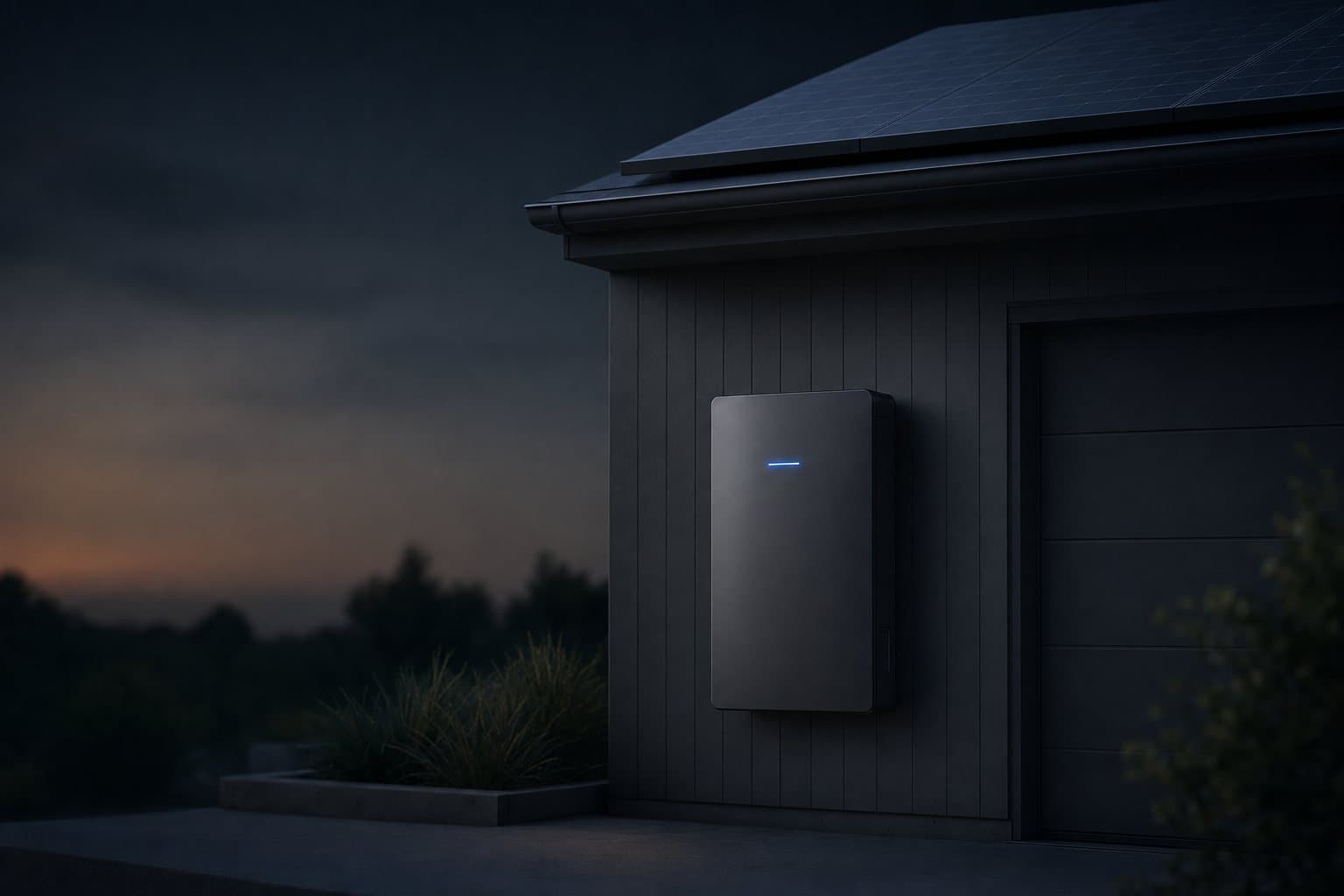 A home battery on a garage wall at dusk, solar panels on the roof above