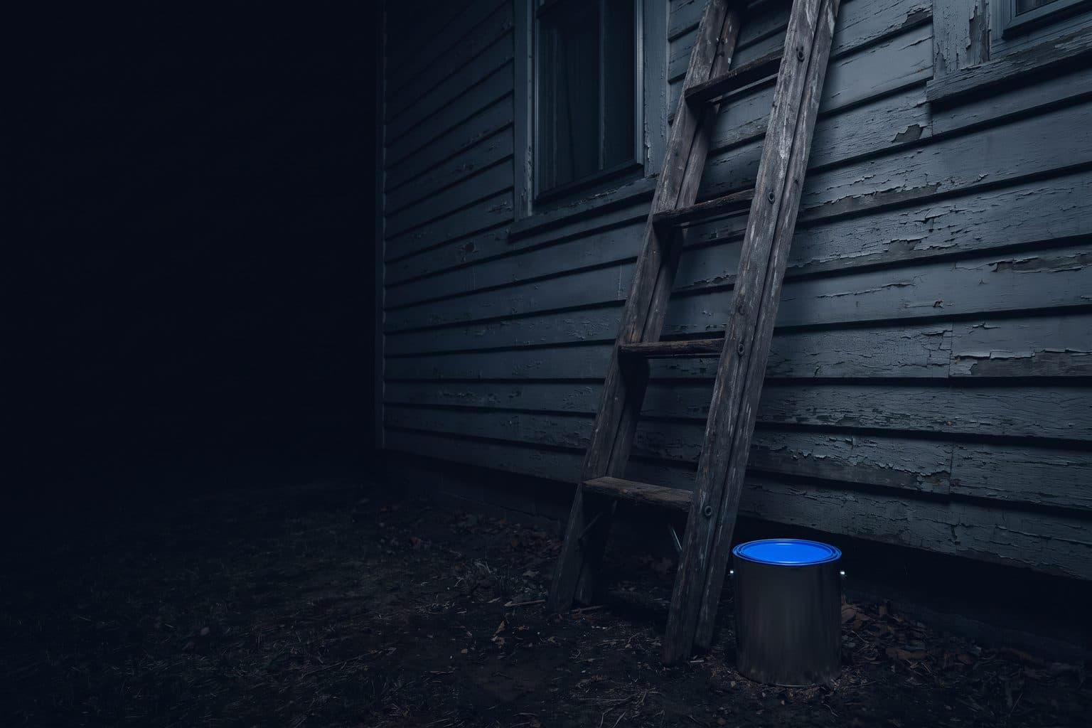 Faded, flaking clapboard on an older house at night, a wooden ladder against the wall and a paint can with a blue lid at its foot