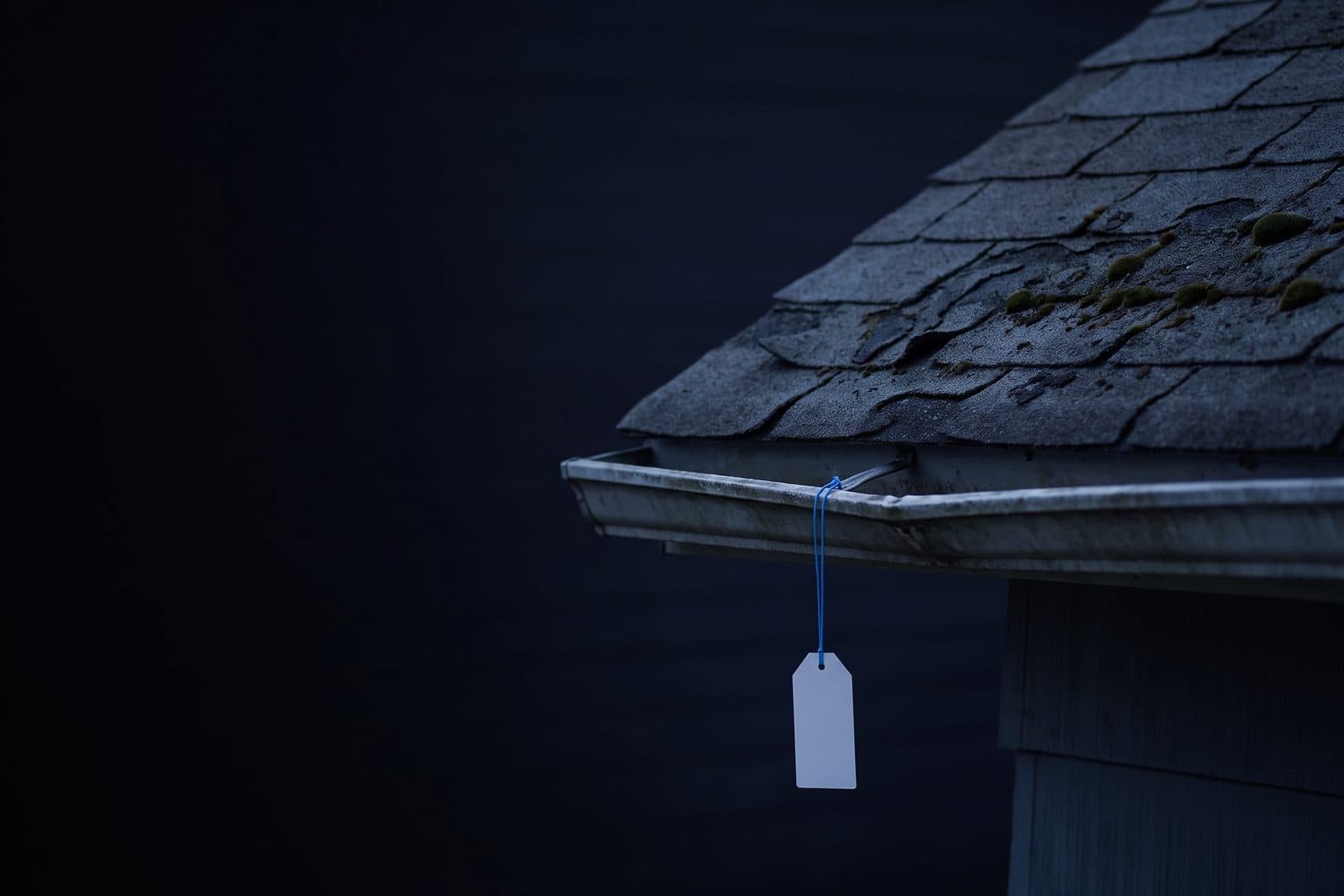 Curled, mossy shingles on an old roof at dusk, a blank tag hanging from the gutter