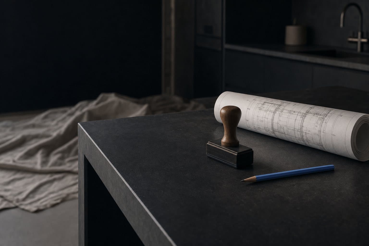 A rolled blueprint and a permit stamp on a kitchen island mid-renovation