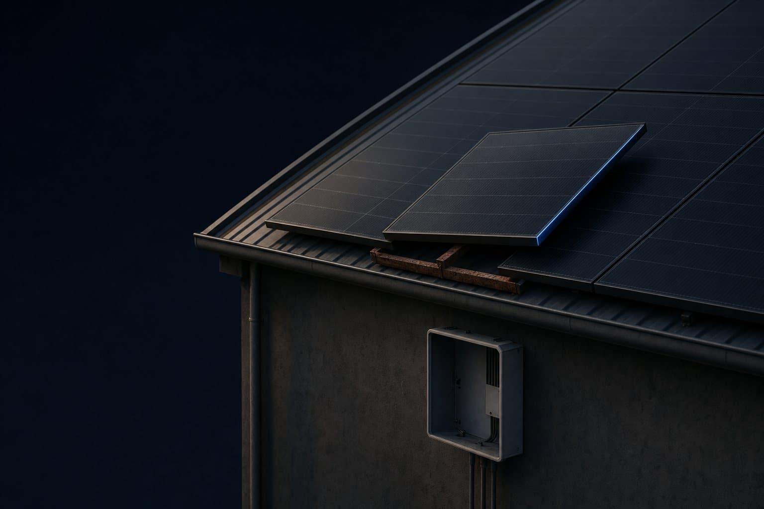 A rooftop solar array with one panel askew on a rusted rail and an empty inverter box below