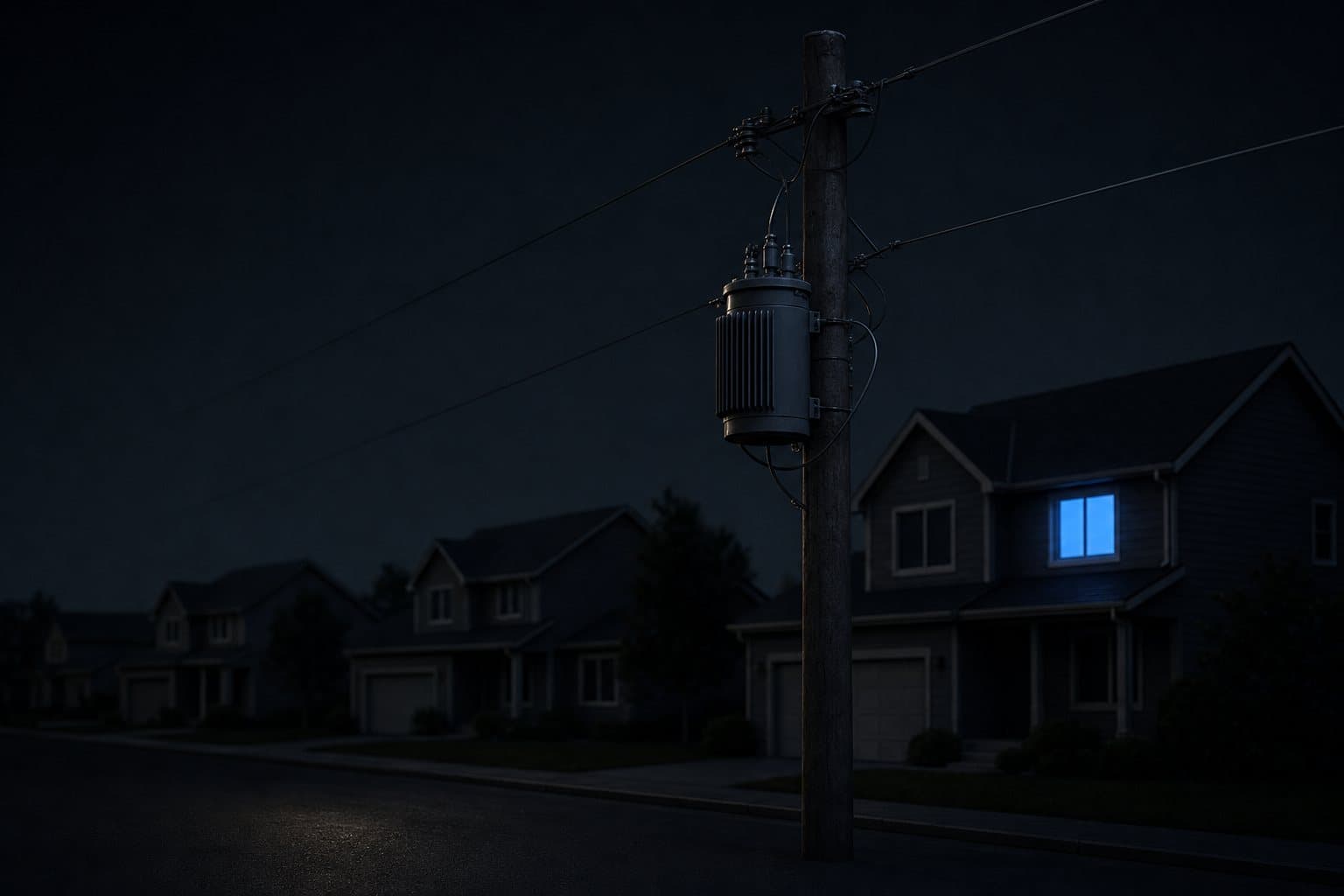 A dark suburban street at night with one lit window